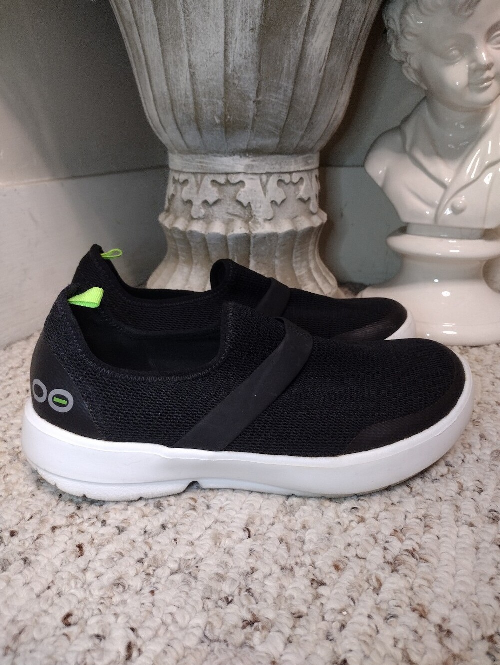 OOFOS Black Slip-On Sneakers with Lime Accents